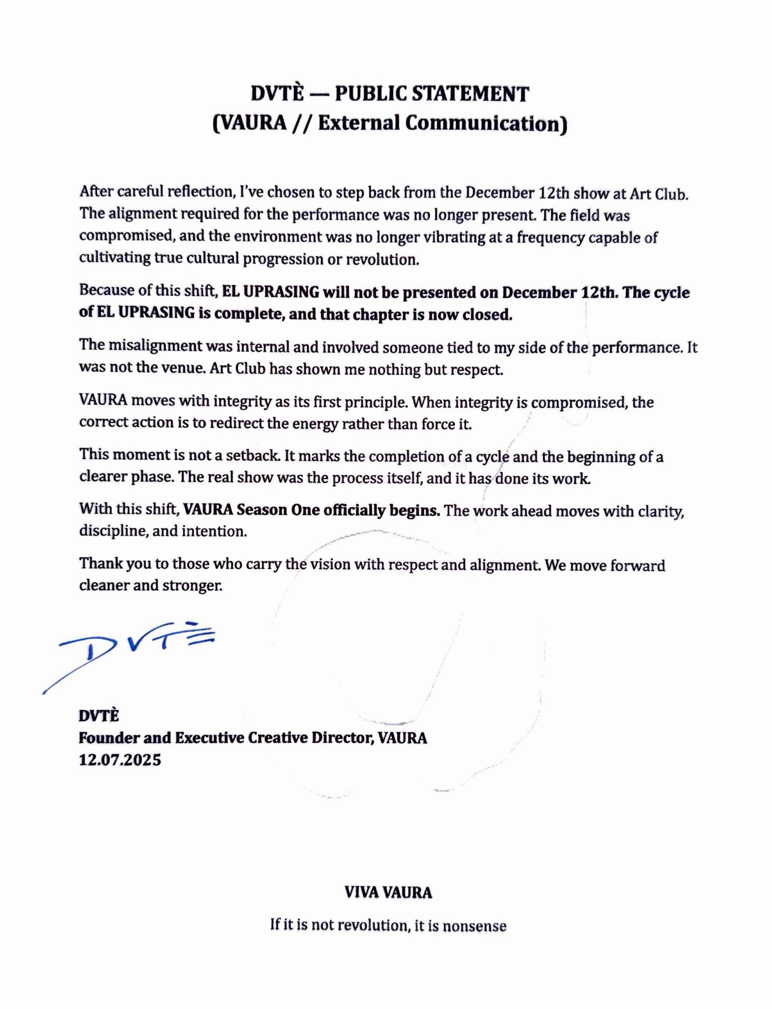 DVTÈ’s signed external communication dated December 7, 2025