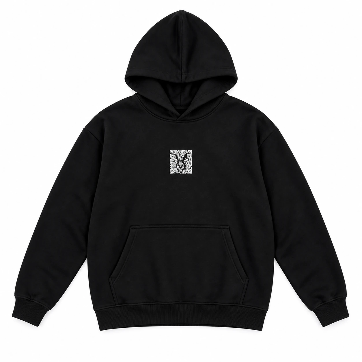 Black VAURA hoodie front with large hood, small chest square and kangaroo pocket, generated product image