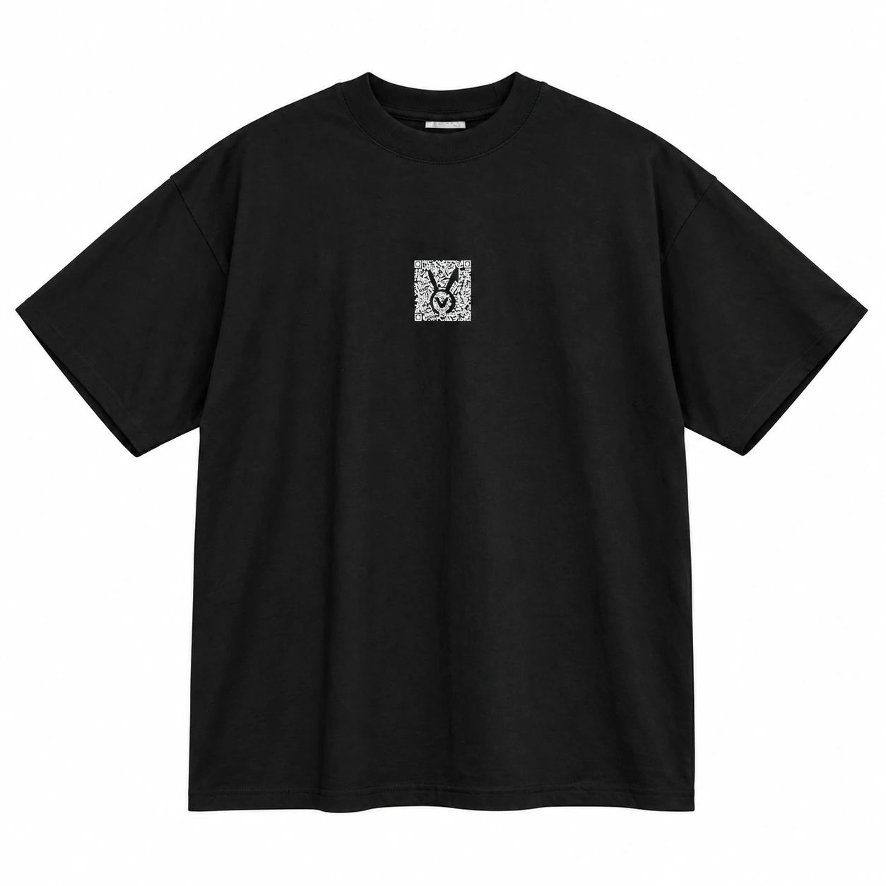 VAURA V1 black tee front with a small centered square chest print, generated product image